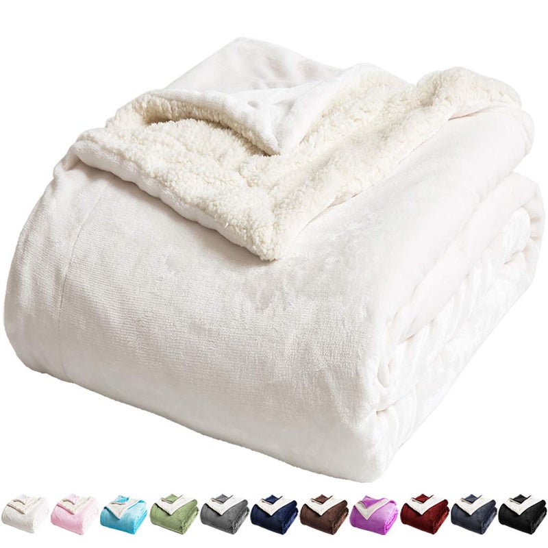 LBRO2M Sherpa Fleece Bed Blanket Twin Size Super Soft Fuzzy Plush Warm Cozy Fluffy Microfiber Couch Throw Velvet Double Reversible Luxurious Blankets,Ivory - Image 1